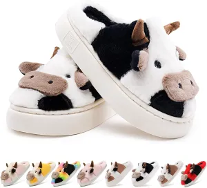 Cow Slippers for Women,Cartoon Animal Fuzzy Slippers,Winter Warm Women's House Slippers,Anti-Slip Indoor Outdoor for Man Wrap Heel