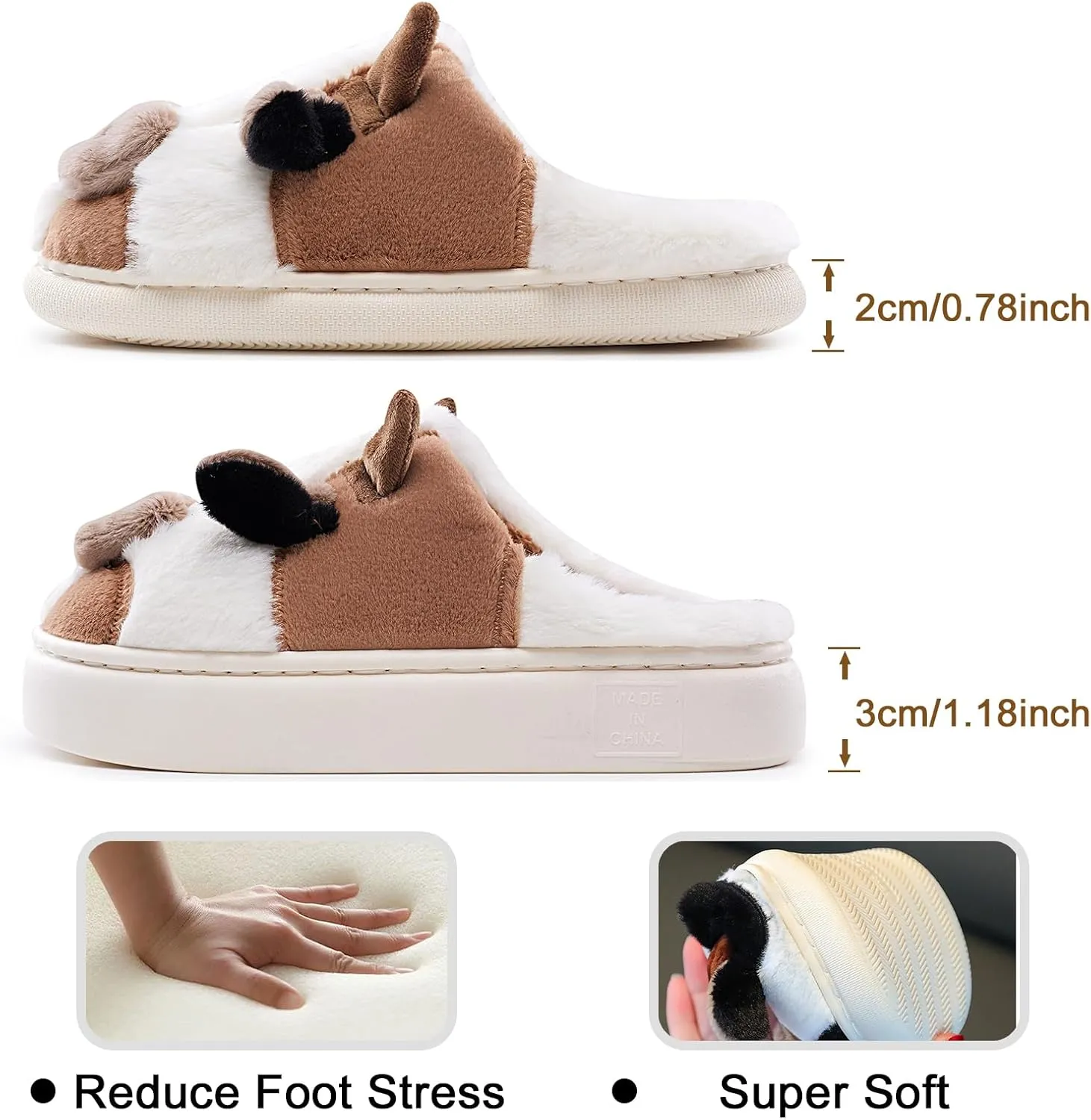 Cow Slippers for Women,Cartoon Animal Fuzzy Slippers,Winter Warm Women's House Slippers,Anti-Slip Indoor Outdoor for Man Wrap Heel