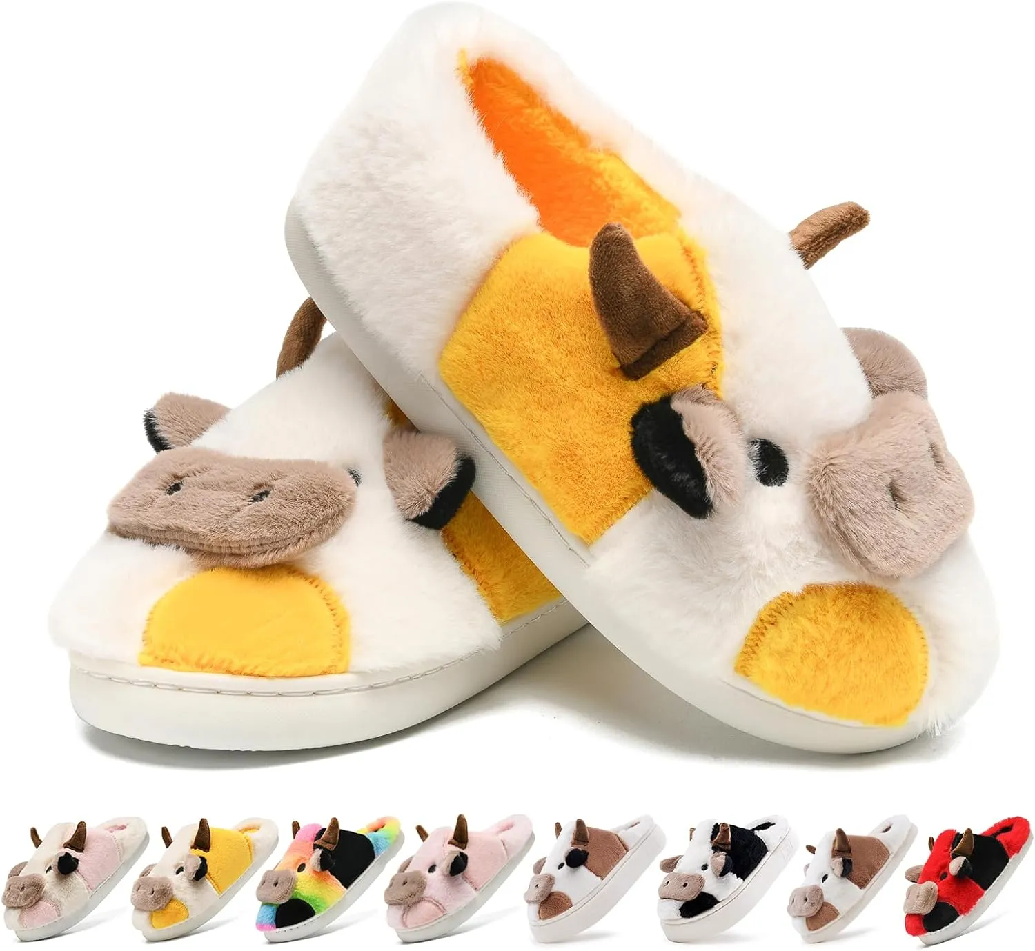 Cow Slippers for Women,Cartoon Animal Fuzzy Slippers,Winter Warm Women's House Slippers,Anti-Slip Indoor Outdoor for Man Wrap Heel