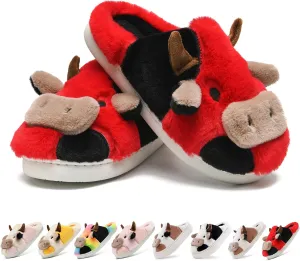 Cow Slippers for Women,Cartoon Animal Fuzzy Slippers,Winter Warm Women's House Slippers,Anti-Slip Indoor Outdoor for Man Wrap Heel