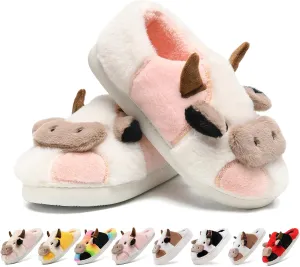 Cow Slippers for Women,Cartoon Animal Fuzzy Slippers,Winter Warm Women's House Slippers,Anti-Slip Indoor Outdoor for Man Wrap Heel