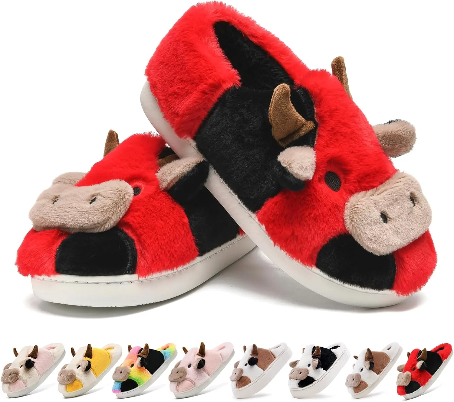 Cow Slippers for Women,Cartoon Animal Fuzzy Slippers,Winter Warm Women's House Slippers,Anti-Slip Indoor Outdoor for Man Wrap Heel