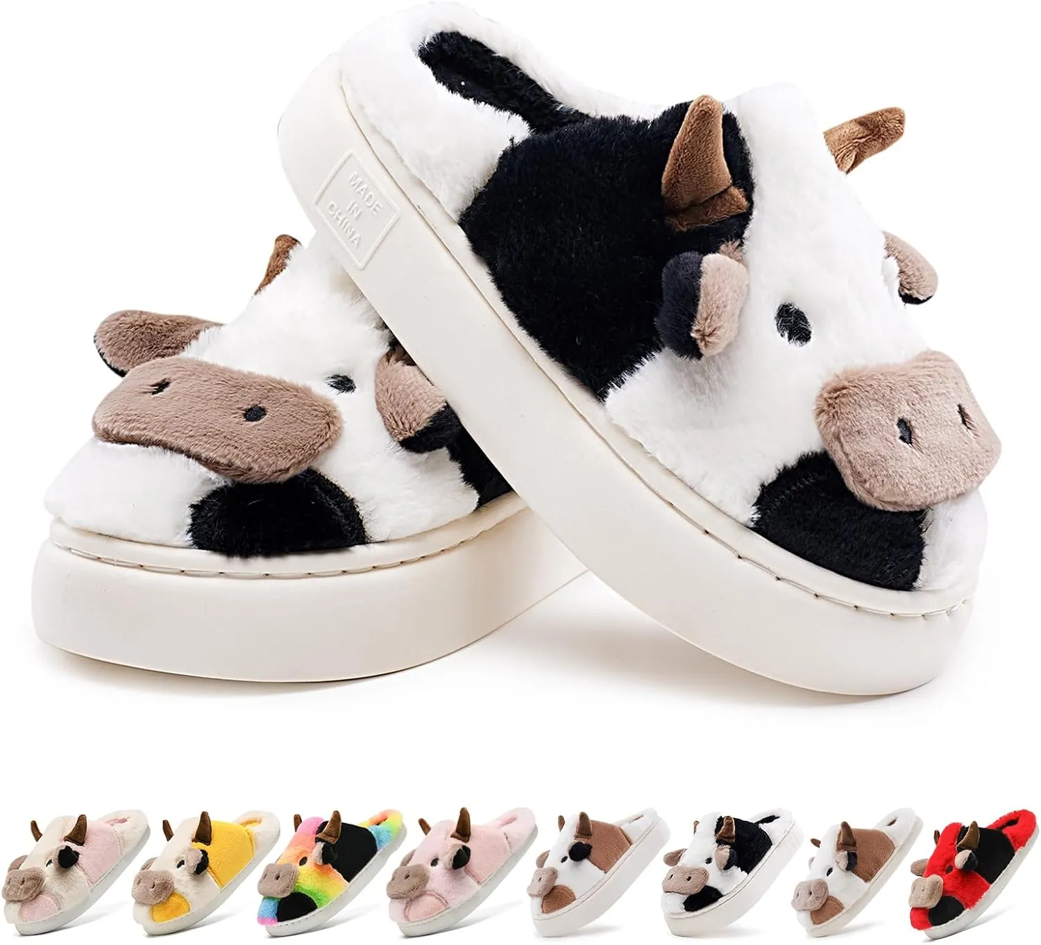 Cow Slippers for Women,Cartoon Animal Fuzzy Slippers,Winter Warm Women's House Slippers,Anti-Slip Indoor Outdoor for Man Wrap Heel