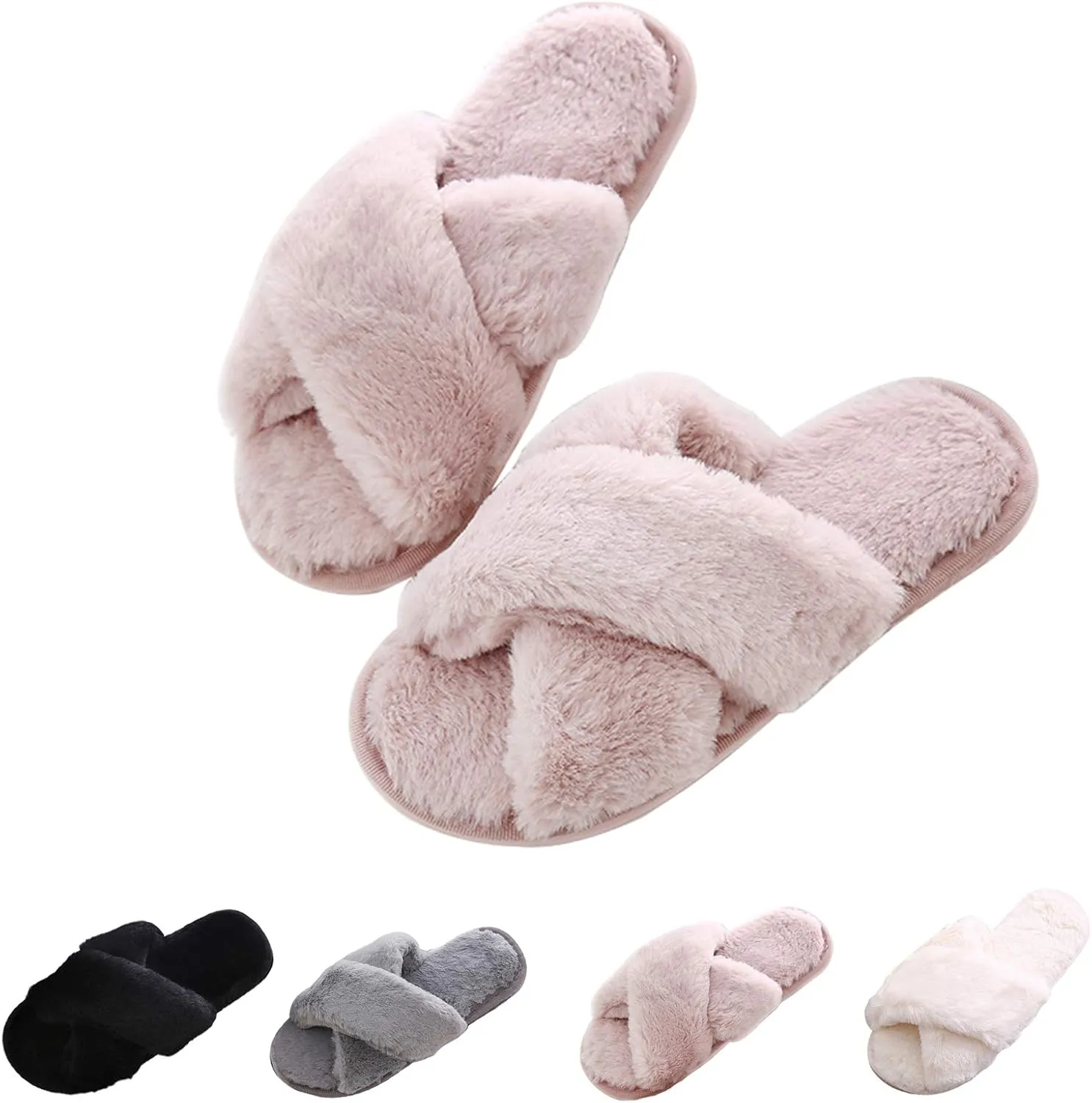 Cozy House Slippers for Women for Indoor and Outdoor Fuzzy Slip On Womens Slippers with Cross Band Open Toe Soft Plush Fleece House Shoes