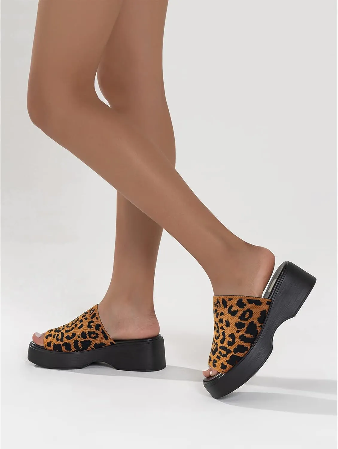 Crepuscute Platform Open Toe Sandals for Women's Wedge Slides Backless Comfortable Slip On Mid-Heel Sandals Summer Beach Casual Slippers