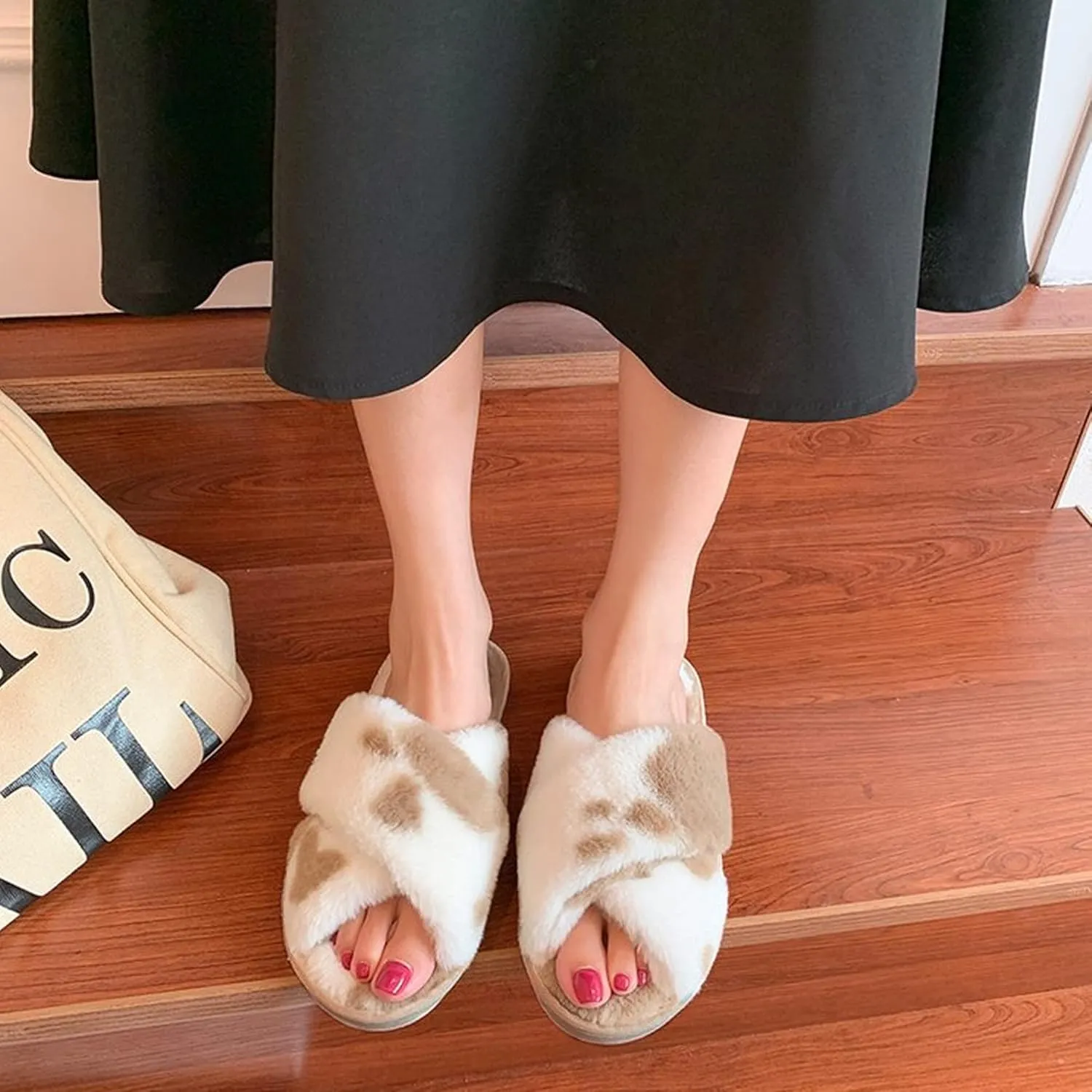 Criss Cross Fluffy Faux Fur Slippers Open Toe Slides Soft Warm Plush Furry Fuzzy Slip On Sandals House Shoes for Women