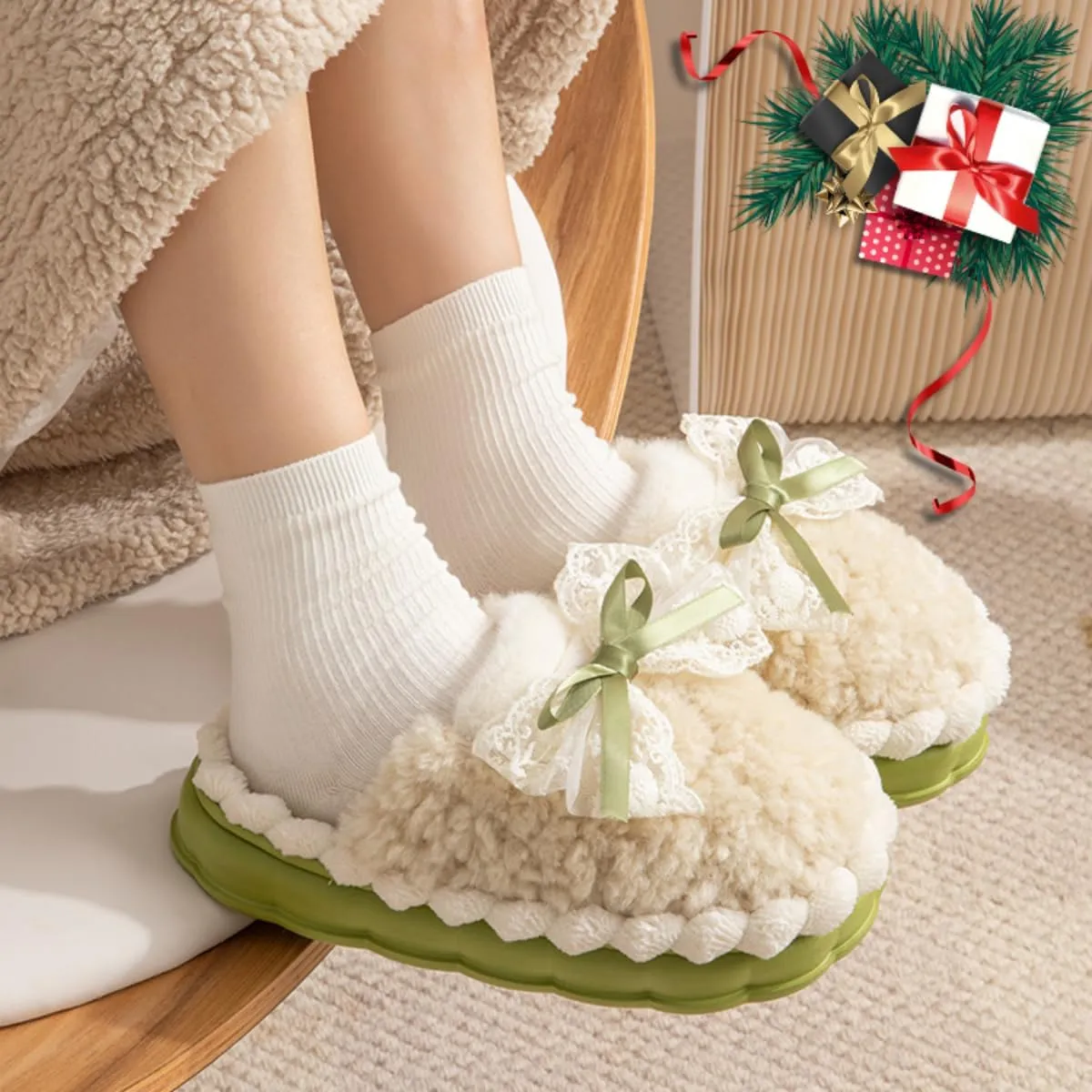 Cute Bow Fuzzy Slippers for Women, Fluffy Cozy Warm Womens Slippers with Thick Sole