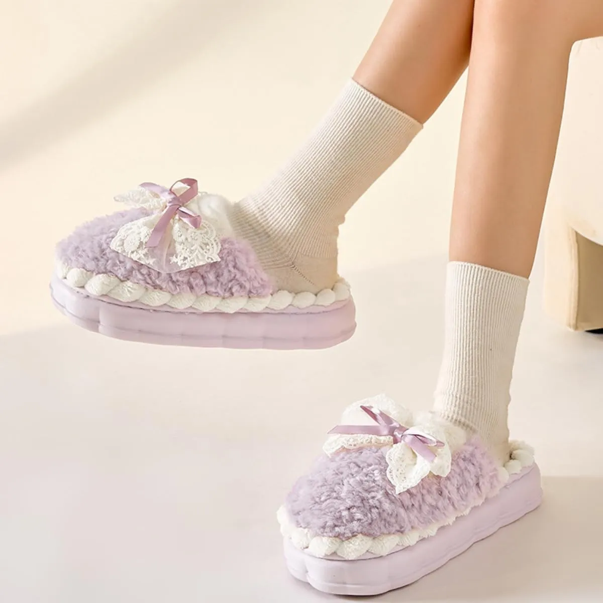 Cute Bow Fuzzy Slippers for Women, Fluffy Cozy Warm Womens Slippers with Thick Sole