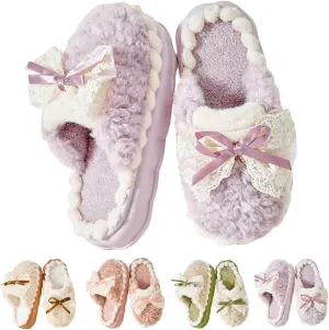 Cute Bow Fuzzy Slippers for Women, Fluffy Cozy Warm Womens Slippers with Thick Sole