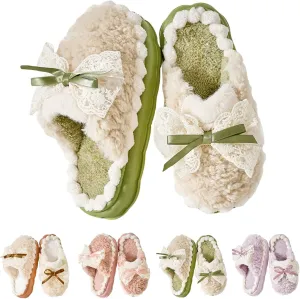 Cute Bow Fuzzy Slippers for Women, Fluffy Cozy Warm Womens Slippers with Thick Sole