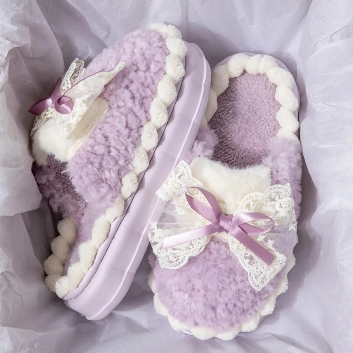 Cute Bow Fuzzy Slippers for Women, Fluffy Cozy Warm Womens Slippers with Thick Sole
