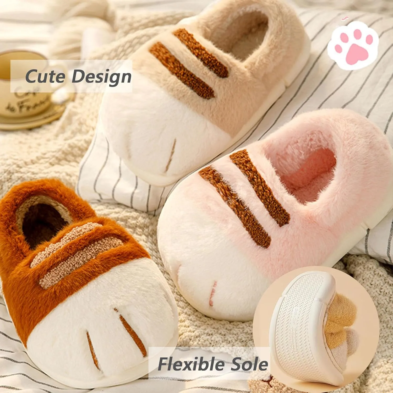 Cute Cat Paw Slippers for Women, 3D Fluffy Cat Paw Slipper, Cozy Furry Warm Winter Kitty Paw Shoes for House Indoor Outdoor