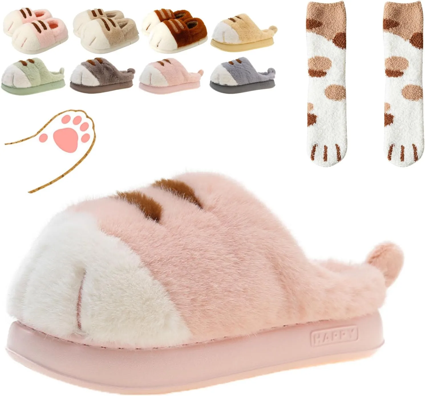 Cute Cat Paw Slippers for Women, 3D Fluffy Cat Paw Slipper, Cozy Furry Warm Winter Kitty Paw Shoes for House Indoor Outdoor