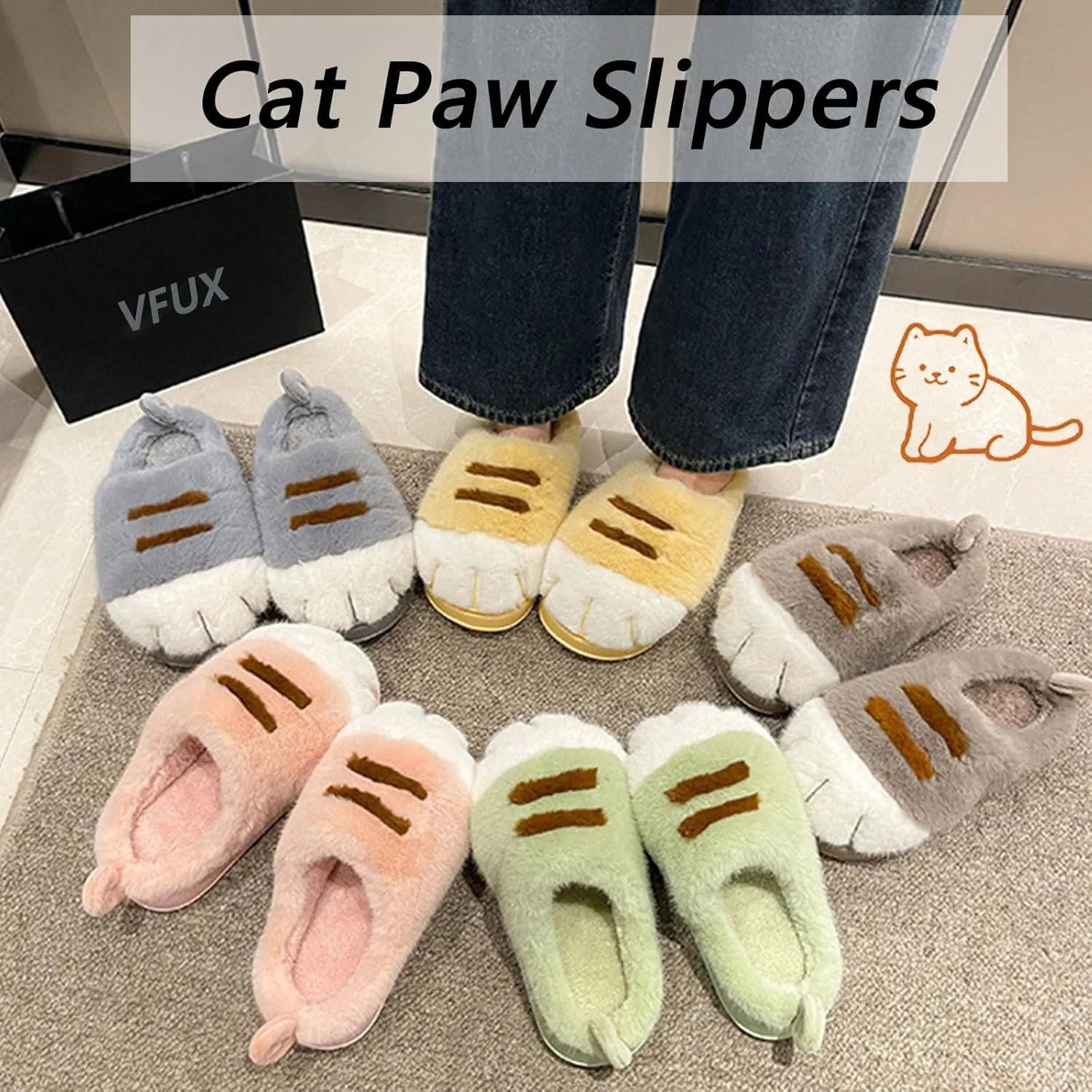 Cute Cat Paw Slippers for Women, 3D Fluffy Cat Paw Slipper, Cozy Furry Warm Winter Kitty Paw Shoes for House Indoor Outdoor