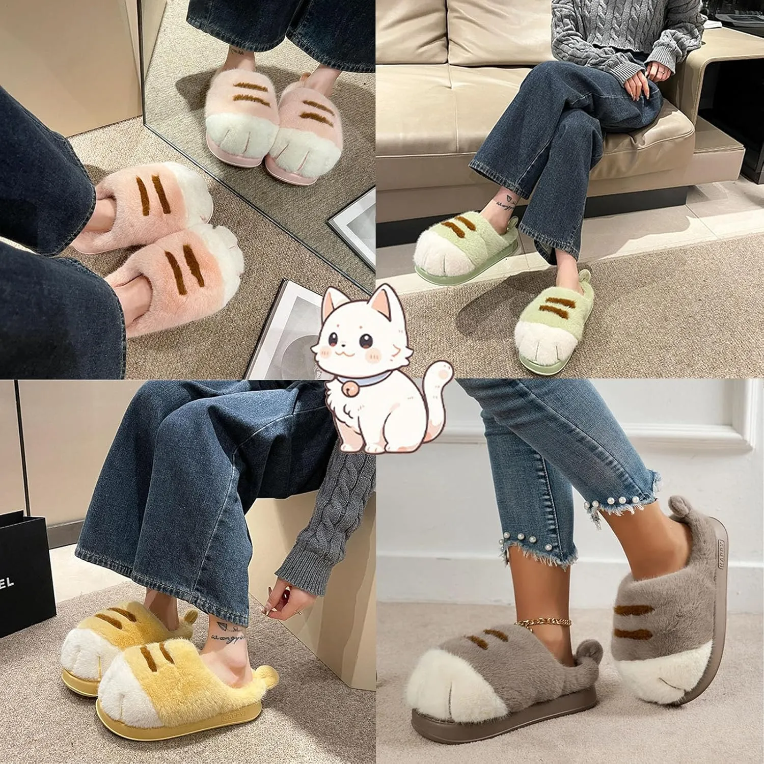 Cute Cat Paw Slippers for Women, 3D Fluffy Cat Paw Slipper, Cozy Furry Warm Winter Kitty Paw Shoes for House Indoor Outdoor