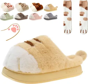 Cute Cat Paw Slippers for Women, 3D Fluffy Cat Paw Slipper, Cozy Furry Warm Winter Kitty Paw Shoes for House Indoor Outdoor