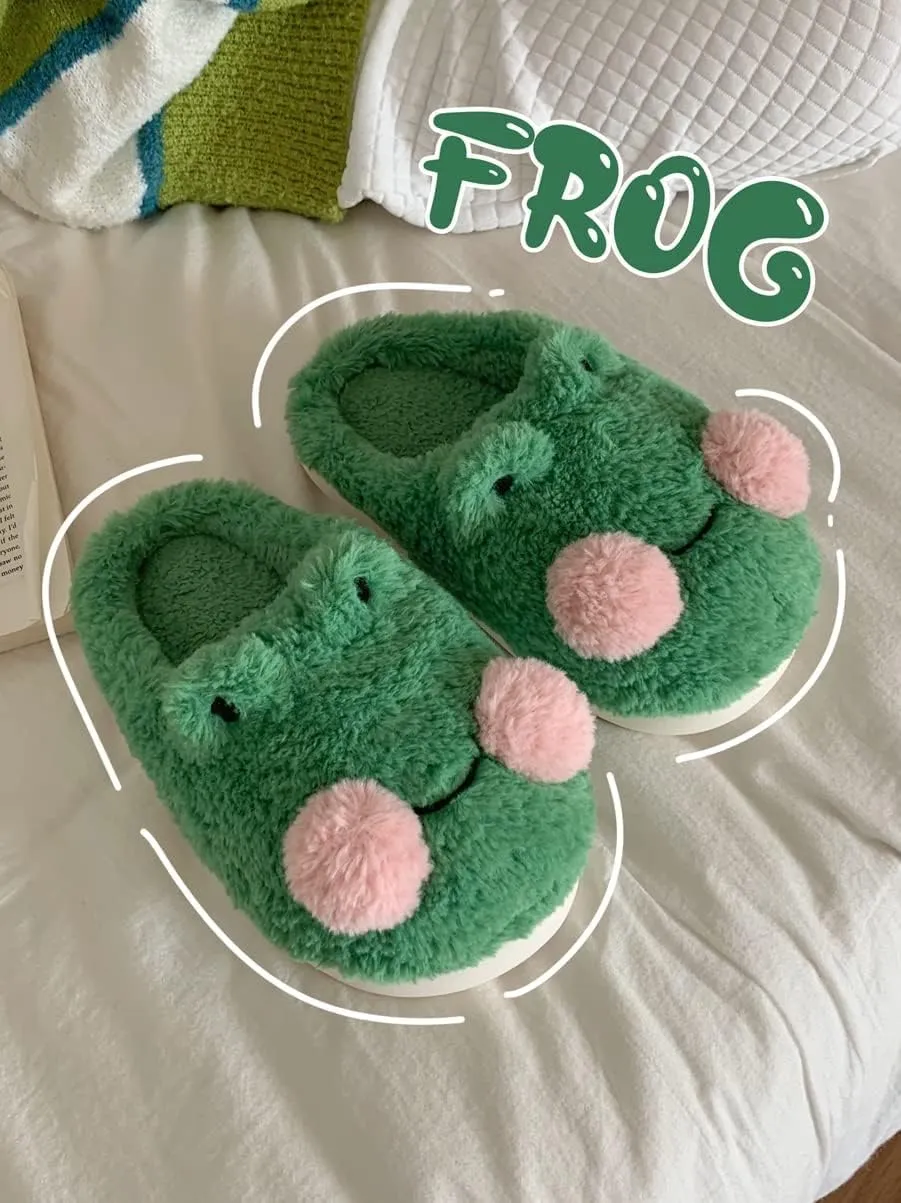 Cute Fluffy Frog Slippers - Kawaii Animal Slippers for Women - Fuzzy Pantuflas