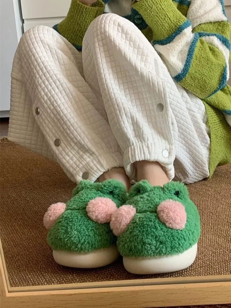 Cute Fluffy Frog Slippers - Kawaii Animal Slippers for Women - Fuzzy Pantuflas