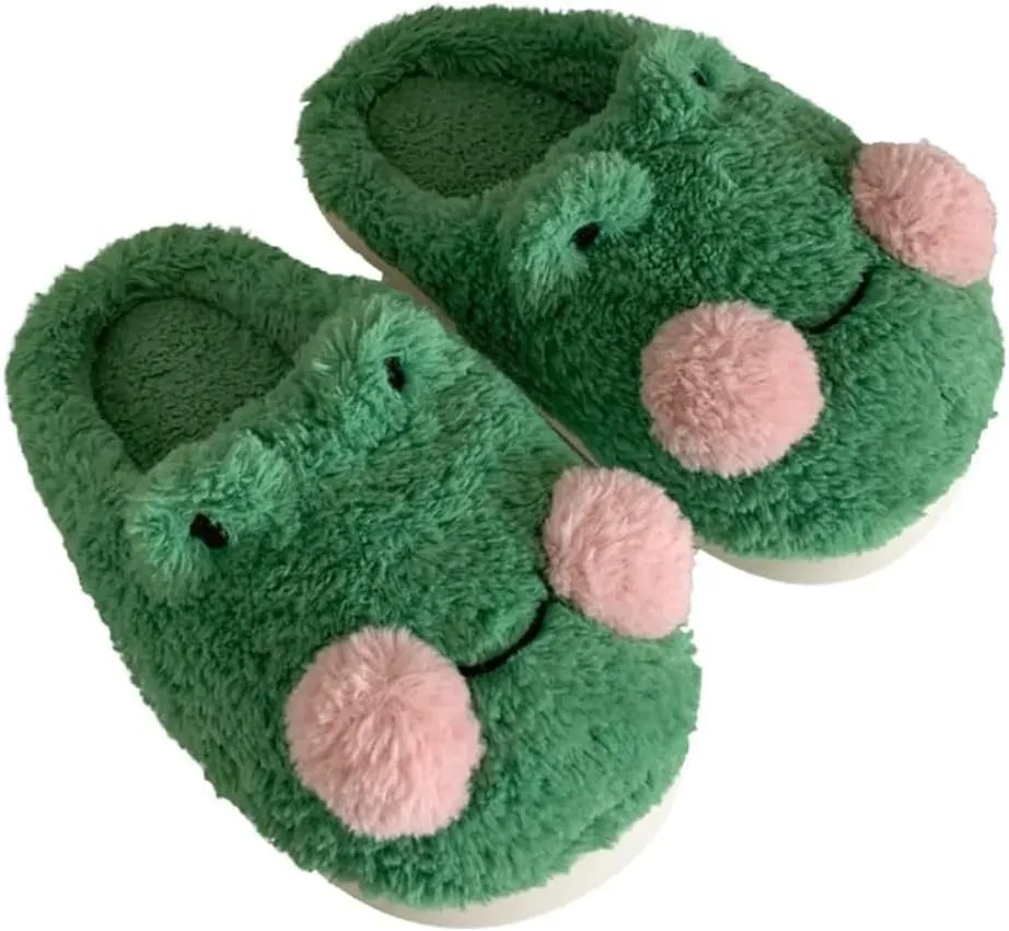 Cute Fluffy Frog Slippers - Kawaii Animal Slippers for Women - Fuzzy Pantuflas
