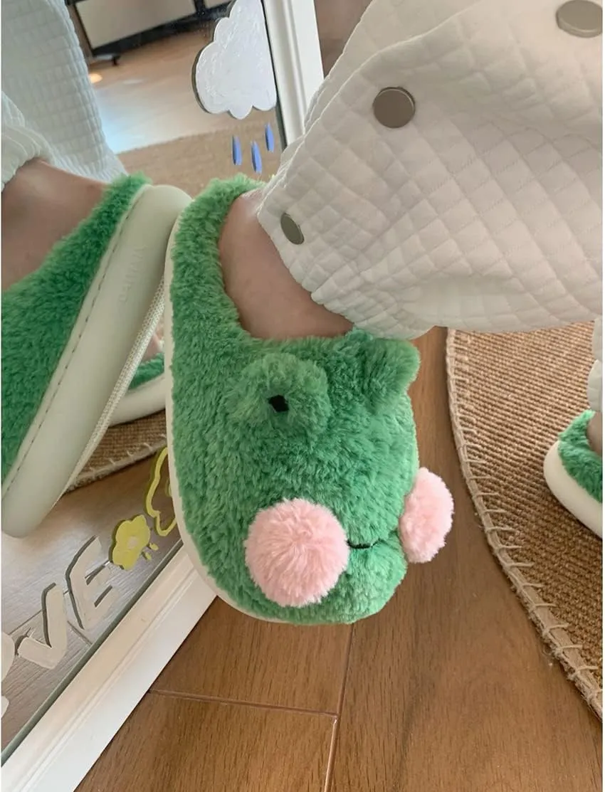 Cute Fluffy Frog Slippers - Kawaii Animal Slippers for Women - Fuzzy Pantuflas