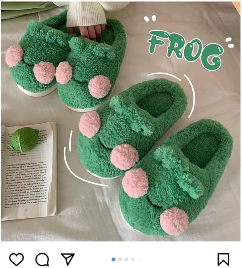 Cute Fluffy Frog Slippers - Kawaii Animal Slippers for Women - Fuzzy Pantuflas