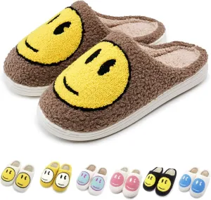 Cute Smile Face Slippers, Fuupnn Retro Soft Plush Furry Fluffy Indoor Outdoor Shoes Comfy Warm Fleece Lined Fuzzy Slip-on Cloud sliders with Memory Foam Happy Face Slippers Couples Cute Cartoon Non Slip Smile Slippers for Winter