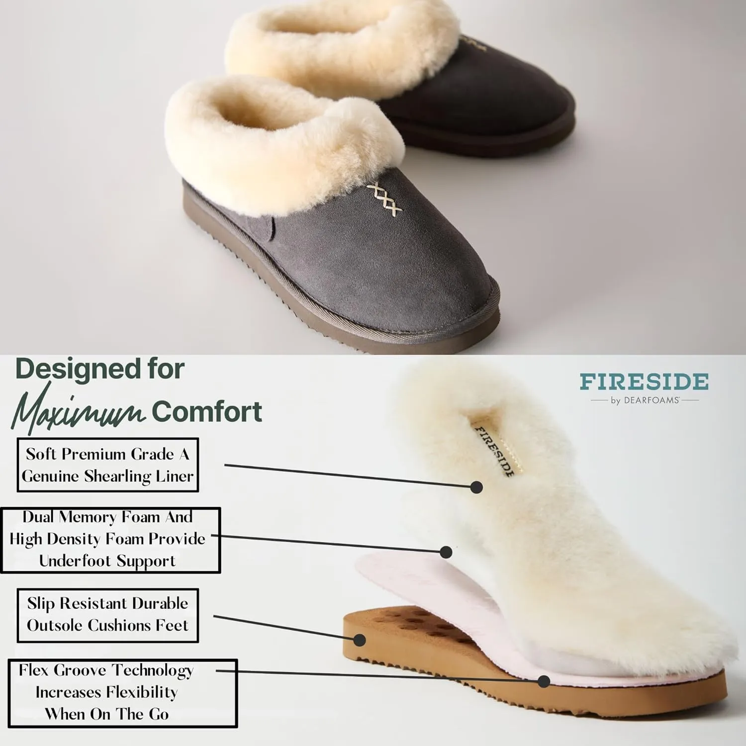 Dearfoams Fireside Adelaide Genuine Shearling Soft Comfy Memory Foam Plush Indoor House Shoe Clog Slipper