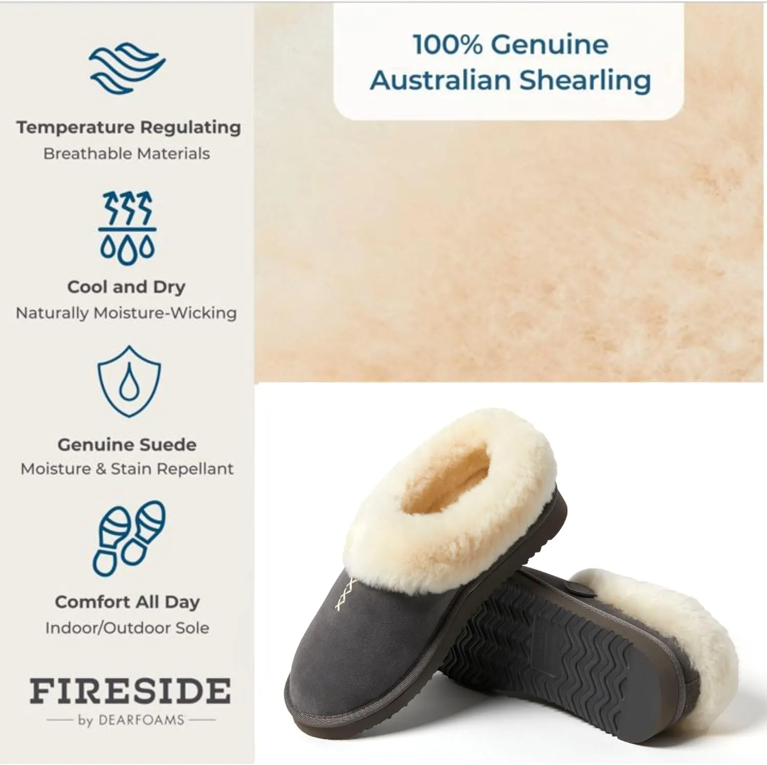 Dearfoams Fireside Adelaide Genuine Shearling Soft Comfy Memory Foam Plush Indoor House Shoe Clog Slipper