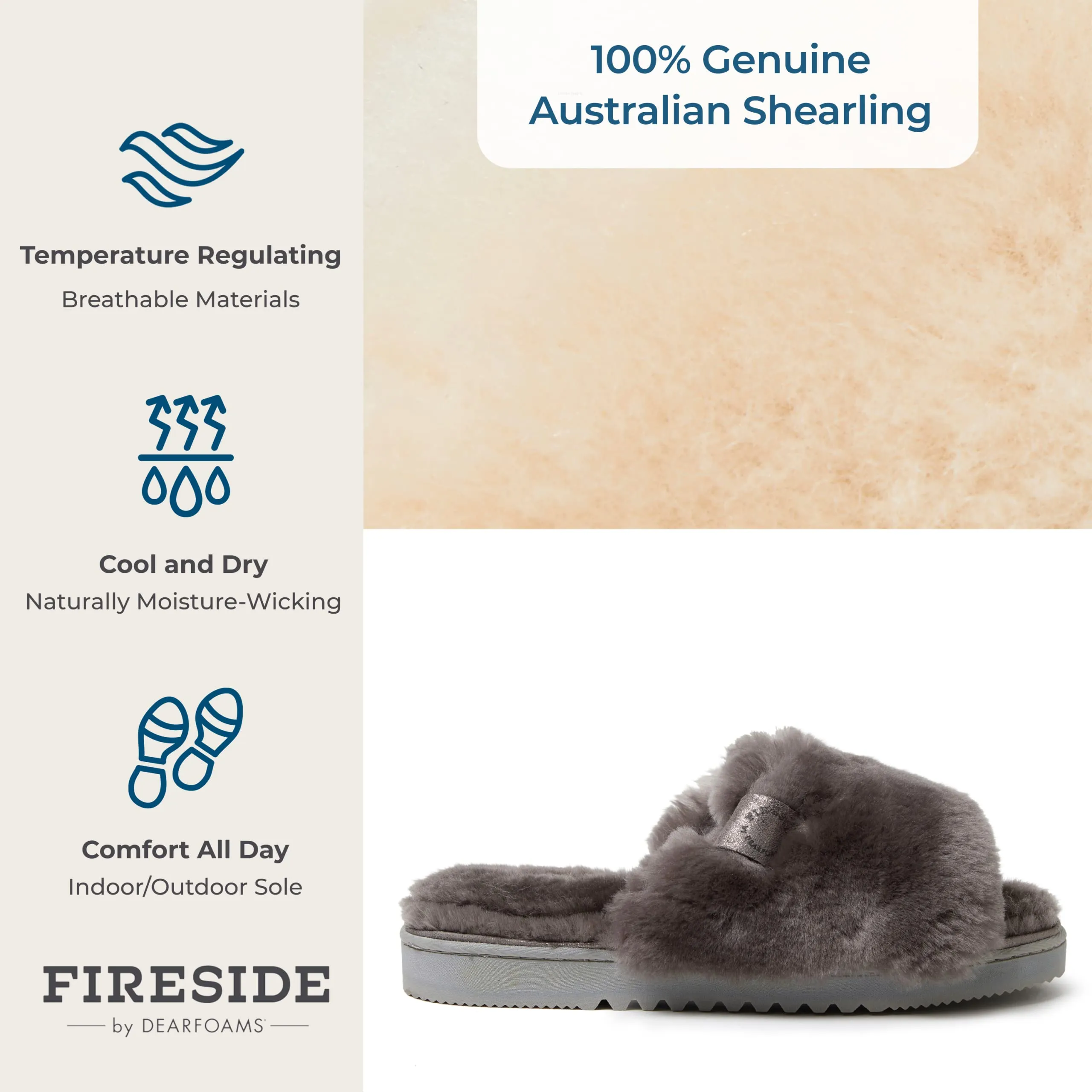 Dearfoams Women's Fireside Cairns Shearling Easy on/Off Slide Sandal Slipper, Grey, 8