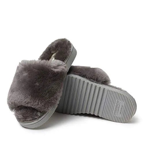 Dearfoams Women's Fireside Cairns Shearling Easy on/Off Slide Sandal Slipper, Grey, 8