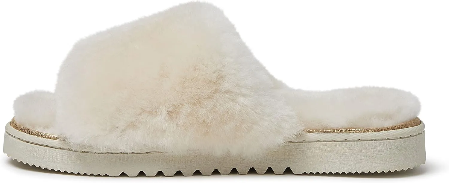 Dearfoams Women's Fireside Cairns Shearling Easy On/Off Slide Sandal Slipper