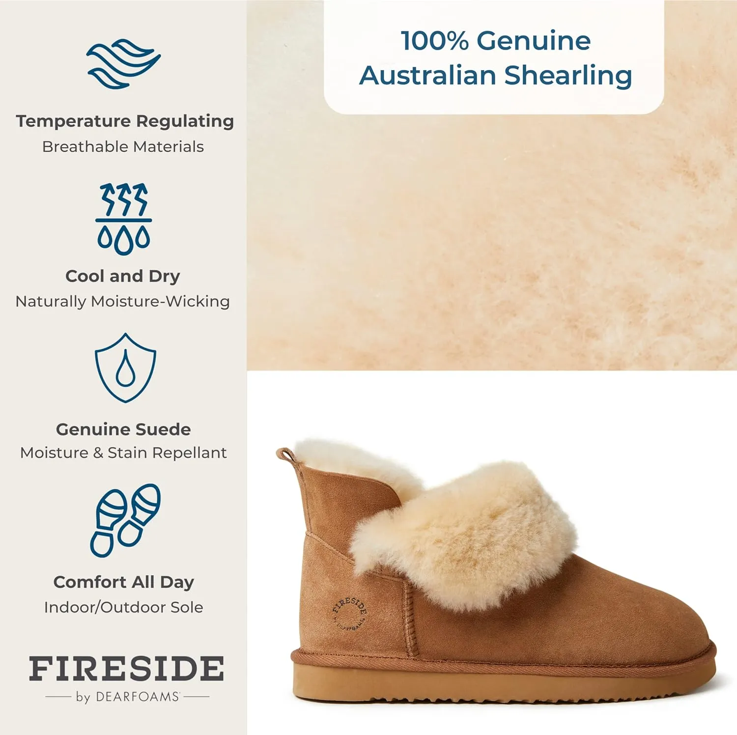 Dearfoams Women's Fireside Genuine Shearling Water Resistant Indoor/Outdoor Foldover Boot