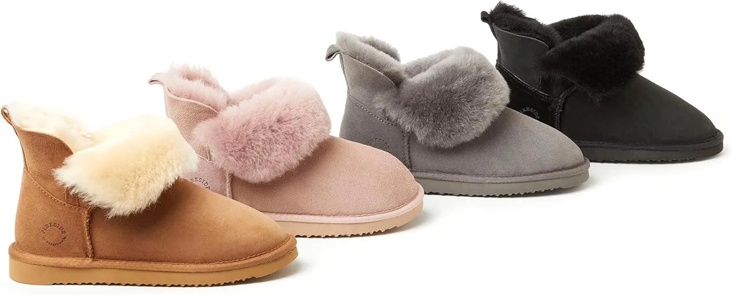 Dearfoams Women's Fireside Genuine Shearling Water Resistant Indoor/Outdoor Foldover Boot