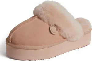 Dearfoams Women's Fireside Melton Genuine Shearling Shearling Platform Slippers Scuff