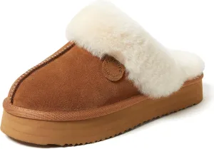 Dearfoams Women's Fireside Melton Genuine Shearling Shearling Platform Slippers Scuff