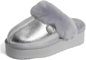 Dearfoams Women's Fireside Melton Genuine Shearling Shearling Platform Slippers Scuff