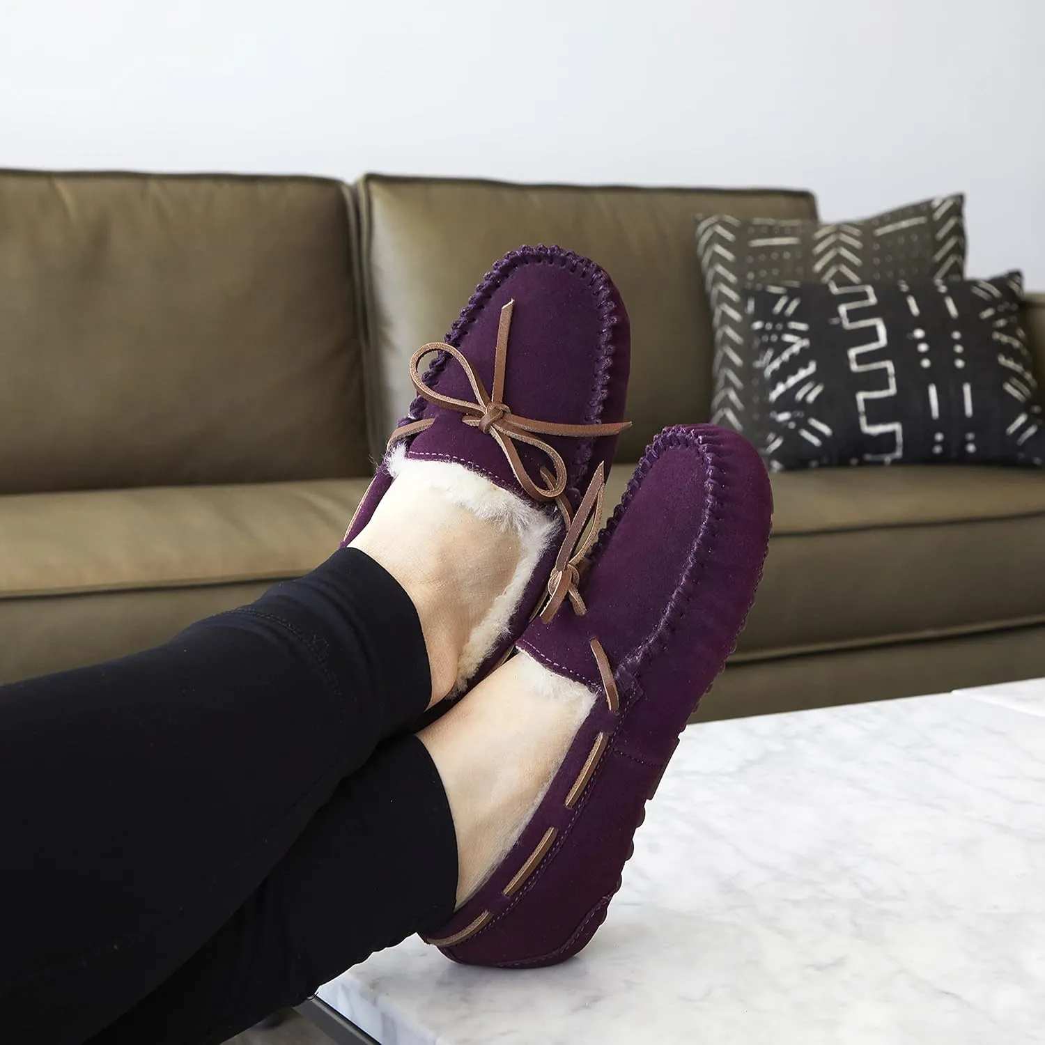 Dearfoams Women's Fireside Water Resistant Genuine Shearling Victoria Moc with Tie