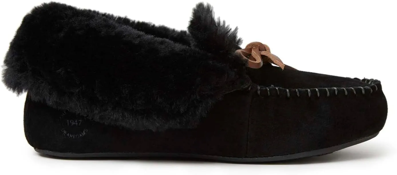 Dearfoams Women's Genuine Suede Foldover Bootie Slipper with Tie