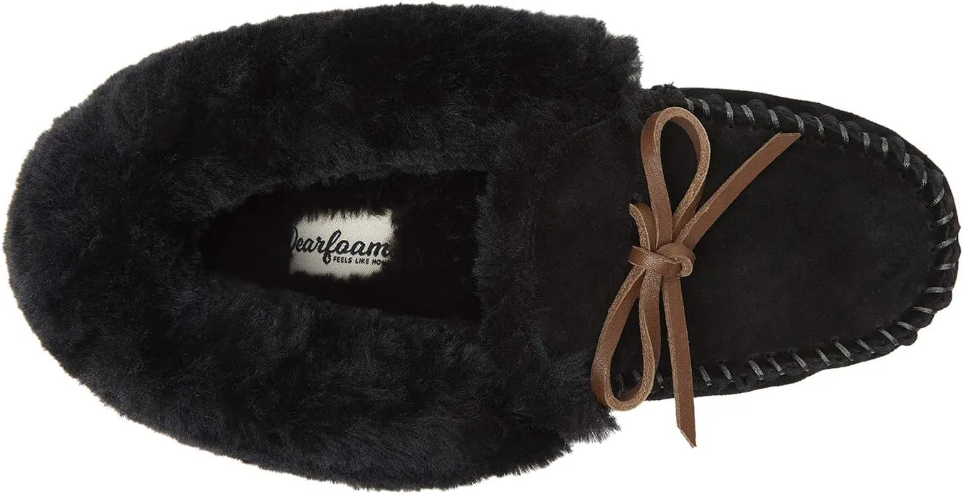 Dearfoams Women's Genuine Suede Foldover Bootie Slipper with Tie