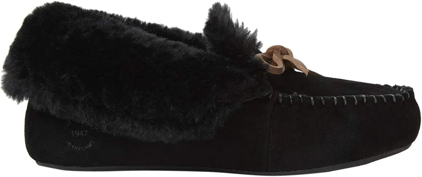 Dearfoams Women's Genuine Suede Foldover Bootie Slipper with Tie