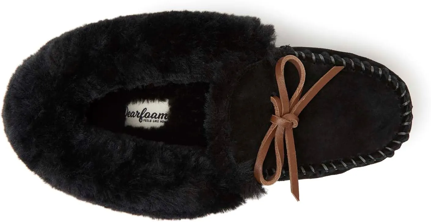 Dearfoams Women's Genuine Suede Foldover Bootie Slipper with Tie