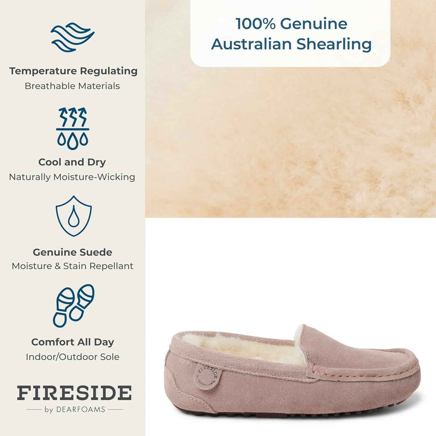Dearfoams Women's Moccasin Slipper - Fireside Mel Indoor House Shoe with Genuine Shearling and Cozy Memeory Foam