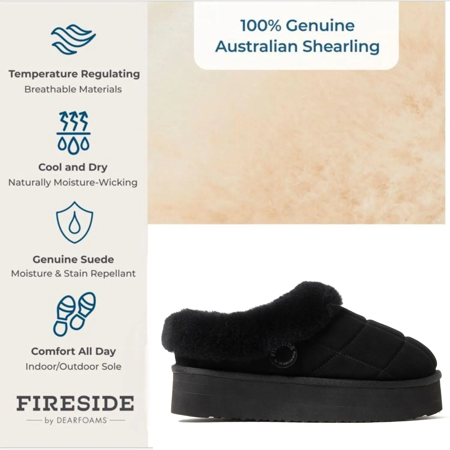 Dearfoams Women's Shearling Platform Slippers Bendigo Comfy Puff Plush Clog House Shoes