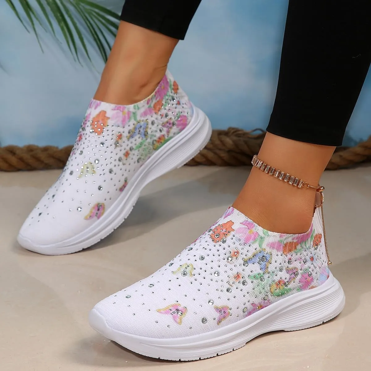 DESESE Women's Rhinestone Stretch Casual Breathable Sneakers Fashion Mesh Walking Shoe Slip-on Loafers