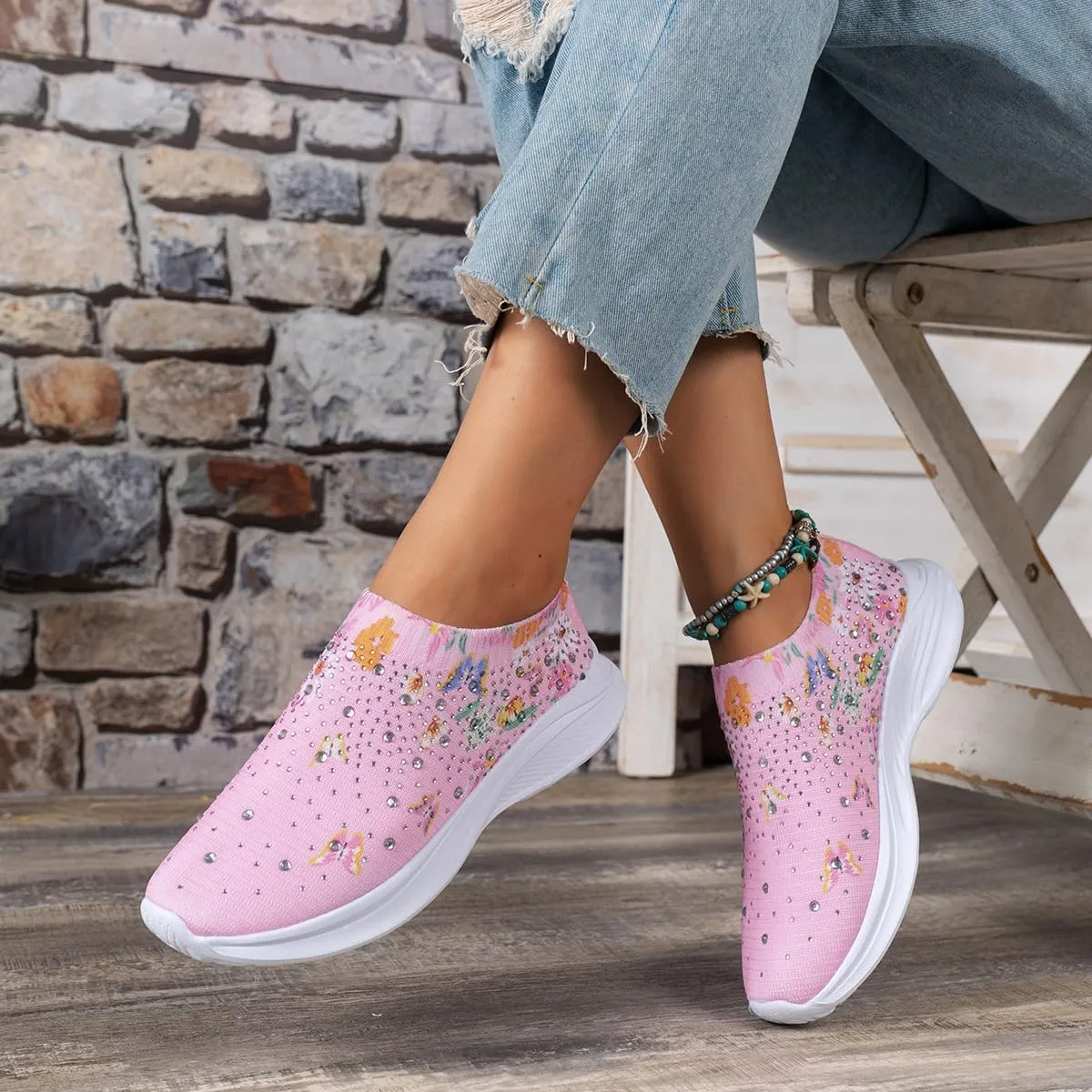 DESESE Women's Rhinestone Stretch Casual Breathable Sneakers Fashion Mesh Walking Shoe Slip-on Loafers