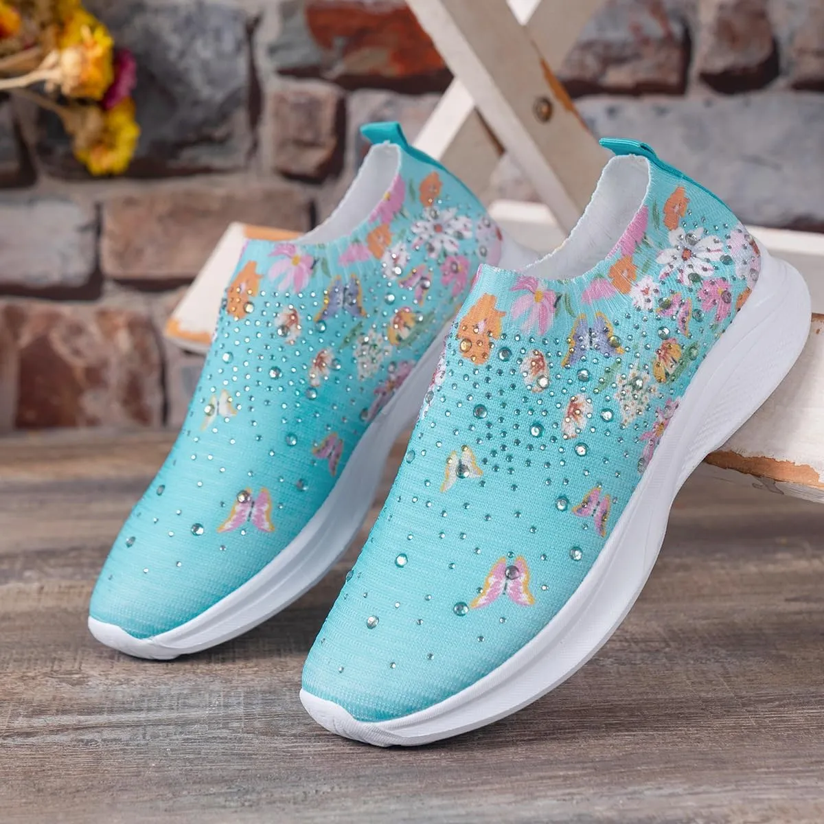 DESESE Women's Rhinestone Stretch Casual Breathable Sneakers Fashion Mesh Walking Shoe Slip-on Loafers