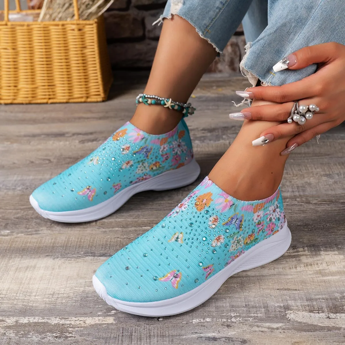 DESESE Women's Rhinestone Stretch Casual Breathable Sneakers Fashion Mesh Walking Shoe Slip-on Loafers