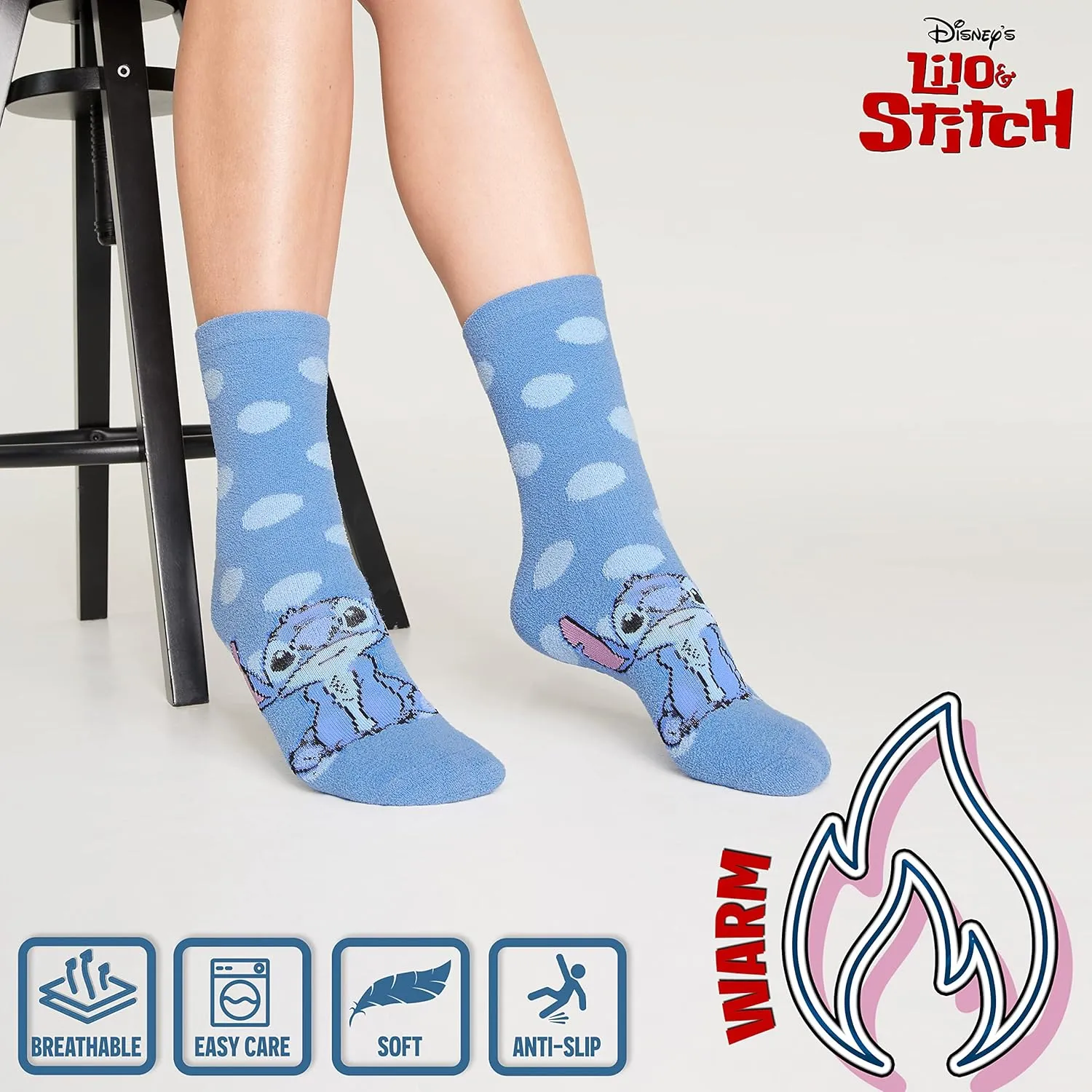 Disney Stitch Slippers Socks Women 2 Pack Fluffy Socks Non Slip Fleece Bed Socks Stitch Minnie Mickey Mouse Baby Yoda