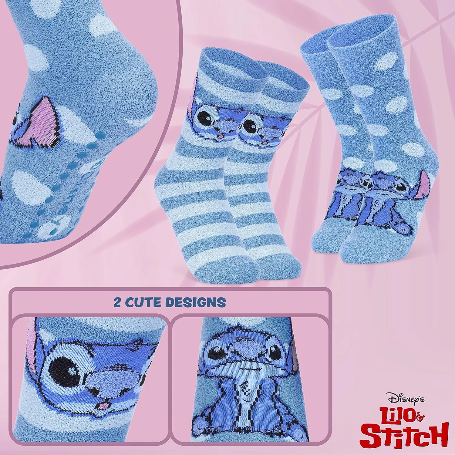 Disney Stitch Slippers Socks Women 2 Pack Fluffy Socks Non Slip Fleece Bed Socks Stitch Minnie Mickey Mouse Baby Yoda