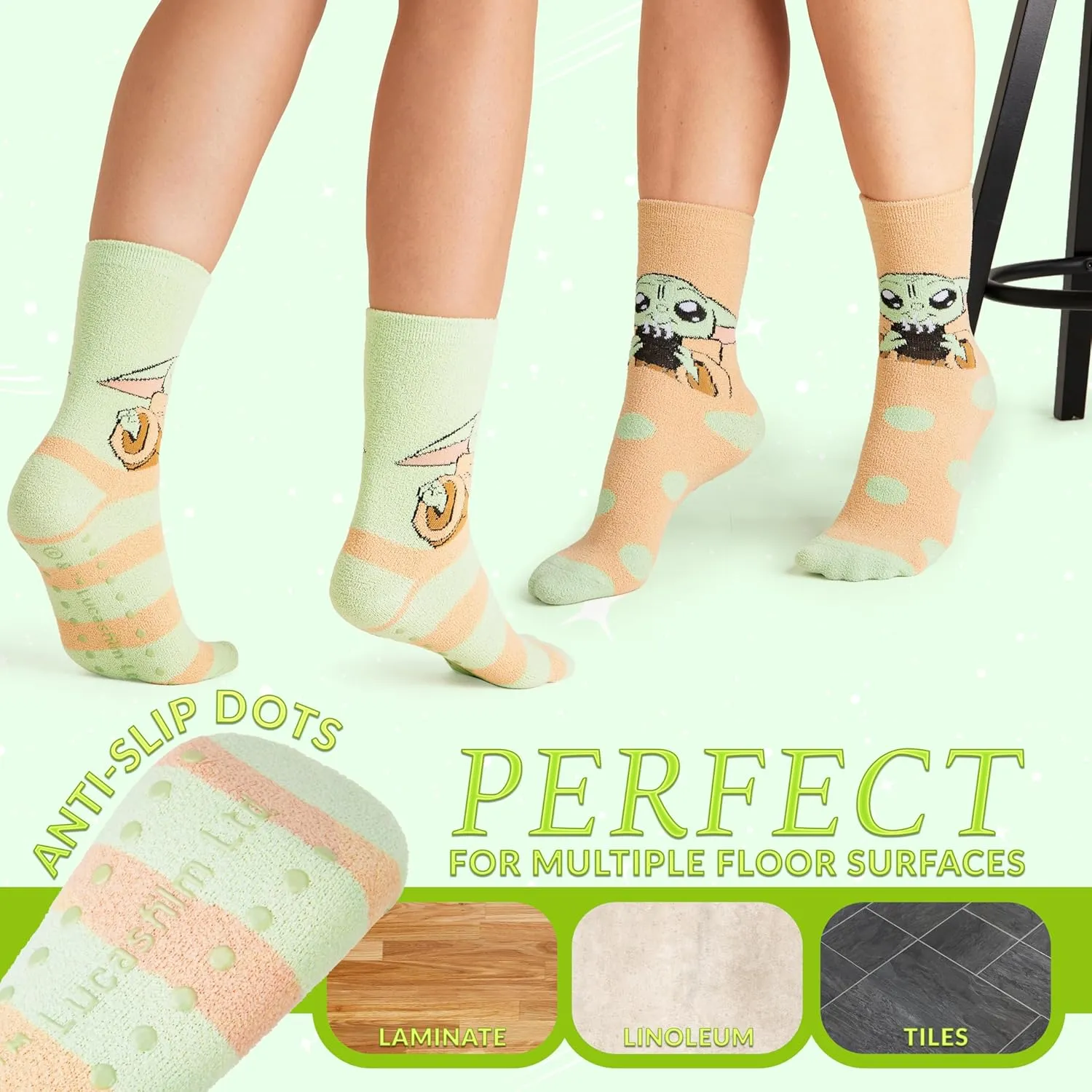 Disney Stitch Slippers Socks Women 2 Pack Fluffy Socks Non Slip Fleece Bed Socks Stitch Minnie Mickey Mouse Baby Yoda
